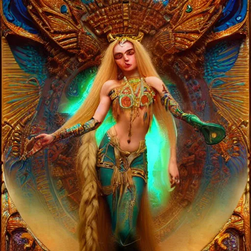 Prompt: artstation, intricate details, hyper details, by gaston bussiere, tan skin sumerian mystic lady of elche, egyptian sumerian features, techno mystic intergalactica electronic pop star, with aqua neon rapunzel dreadlocks,