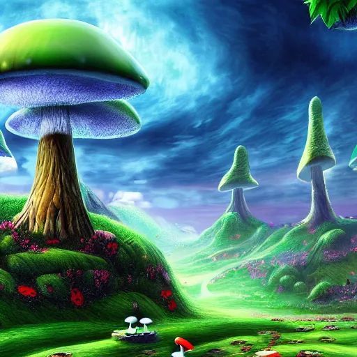 Image similar to the mushroom kingdom, photorealistic, landscape, cinematic, beautiful, colorful