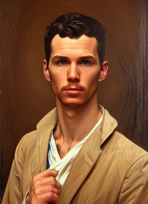 Image similar to oil portrait of luke atmey, phoenix wright, intricate, elegant, highly detailed, lighting, painting, artstation, smooth, illustration, art by greg rutowski and alphonse mucha