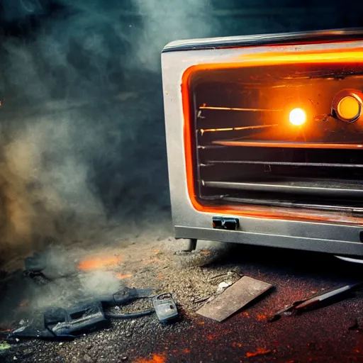 Image similar to head of toaster oven mecha, dark messy smoke - filled cluttered workshop, dark, dramatic lighting, orange tint, cinematic, highly detailed, sci - fi, futuristic, movie still