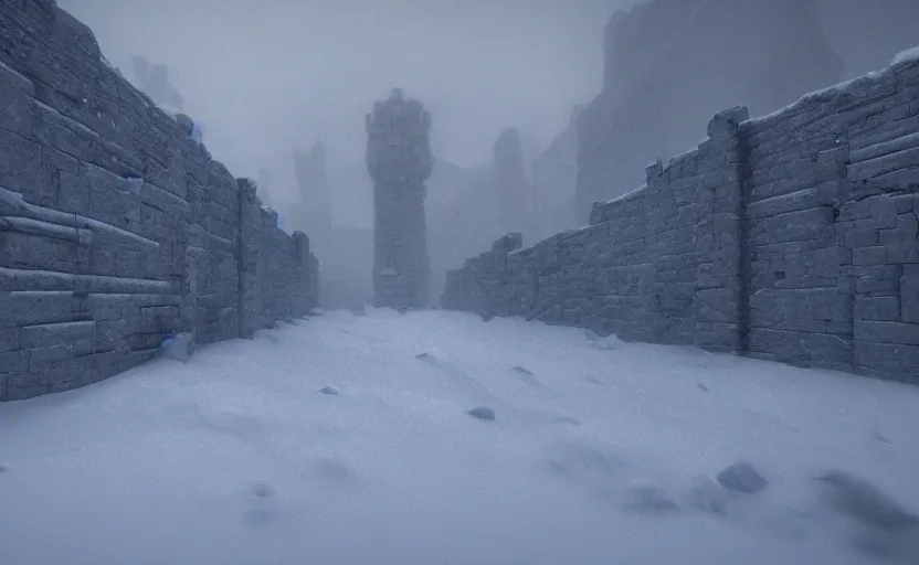 Prompt: the wall in the snowstorm, doomy, Unreal Engine, cinematic photography, highly-detailed, games of thrones, HBO, high resolution, 8k, photorealistic, stunning volumetric lighting