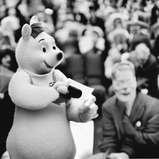 Prompt: Winnie the Pooh addresses congress, 35mm film