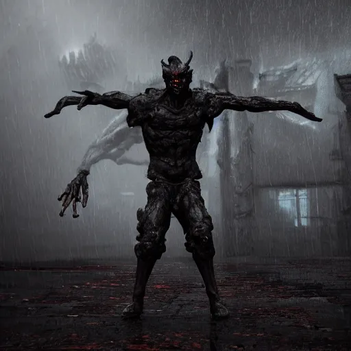 Prompt: demonic figure standing in the rain after big battle soldiers dead behind him dark award winning, trending on artstation, unreal engine