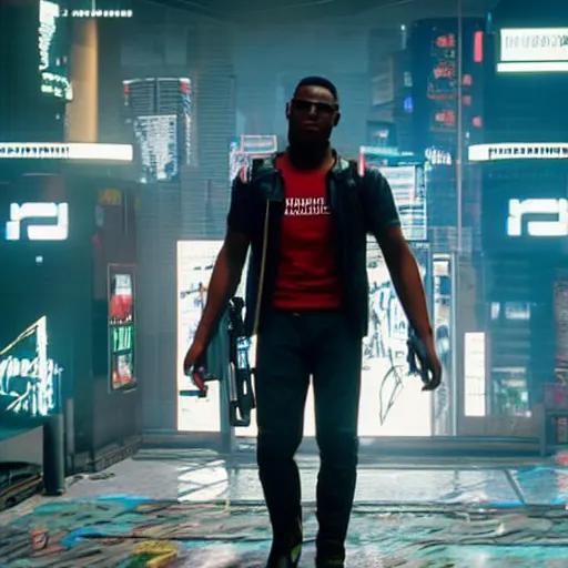 Prompt: still of david alaba in cyberpunk 2 0 7 7 lifting a white chair