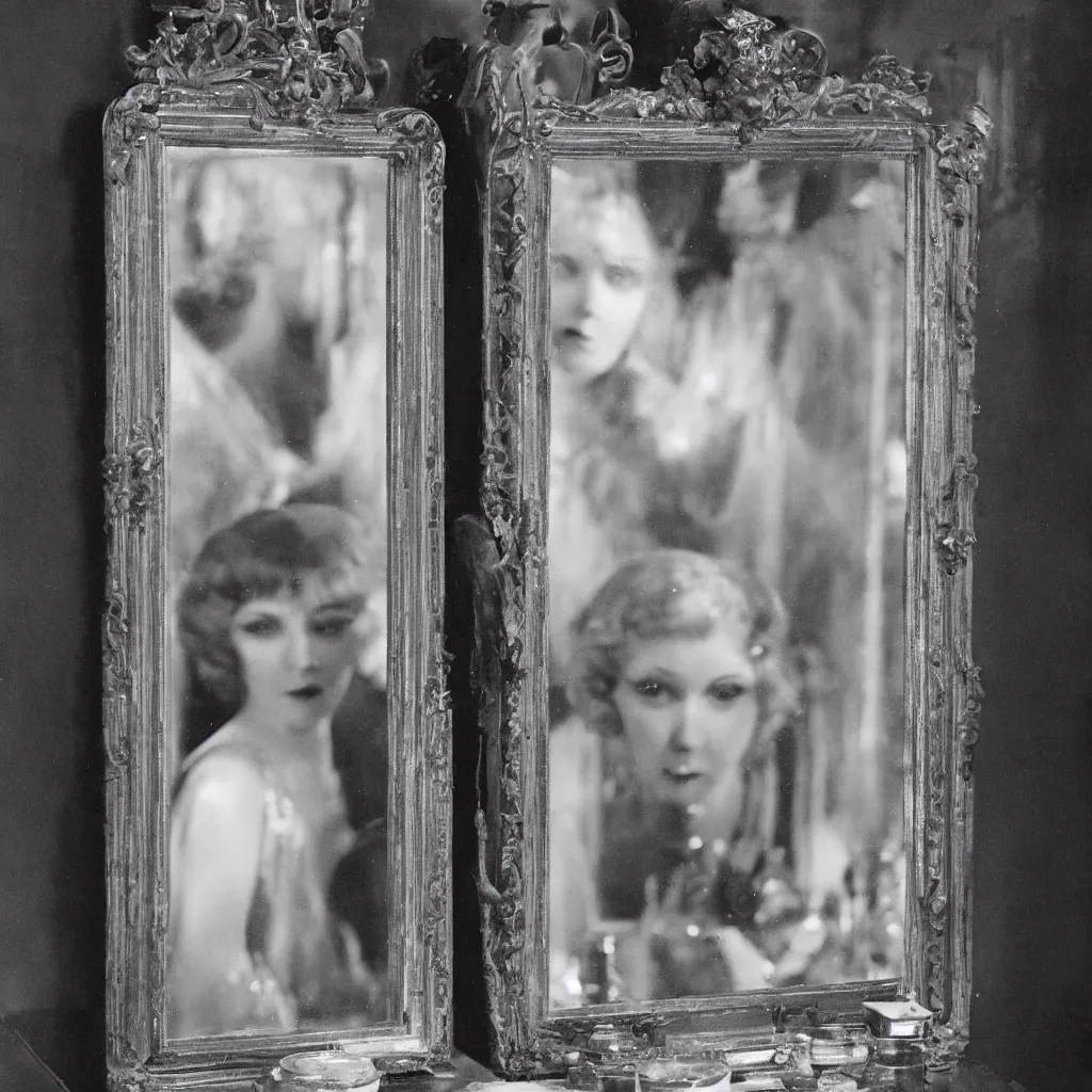 Prompt: a 1 9 2 0 s flapper beautiful woman reflected in an ornate mirror sees a ghostly old hag looking over her shoulder