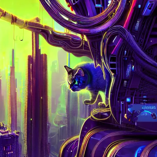 Image similar to cats cyborg inside an scifi tentacles wires futuristic city, beautiful neon cats, cinematic, highly detailed, photorealistic, rich bright colors, trending on artstation, giger, tsutomu nihei, trending on cgsociety, awe inspiring bruce pennington cityscape, digital art painting of 1 9 6 0 s