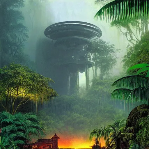 Image similar to ancient monument in the jungle, lost alien civilization, ancient alien tools and houses, tropical forest, glowing alien monuments, alien relic, syd mead, john harris, art station, flowers