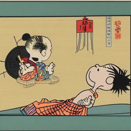 Prompt: charlie brown, ukiyo - e