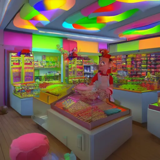 Image similar to Ultra hyperreal, 3D Octane render, Jimmy Neutron at a Candy store