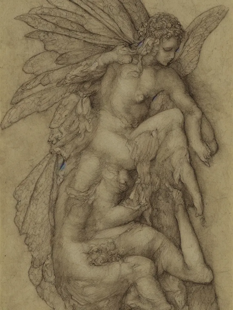 Image similar to sketch, study of a fairy, in the style of leonardo da vinci, with written notes, annotations, sketchbook