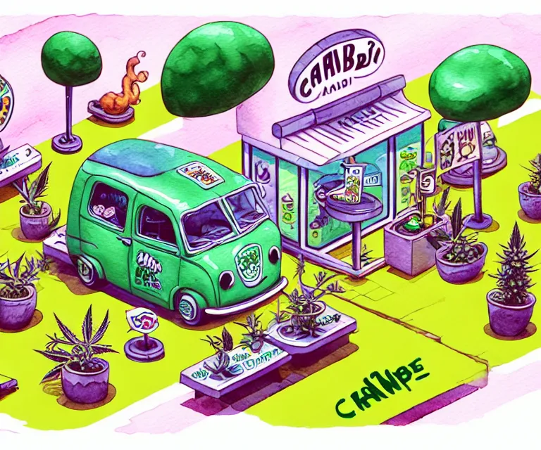 Image similar to cute and funny, a tiny cannabis shop, ratfink style by ed roth, centered award winning watercolor pen illustration, isometric illustration by chihiro iwasaki, edited by craola, tiny details by artgerm and watercolor girl, symmetrically isometrically centered