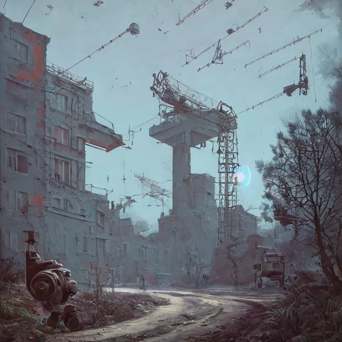 Image similar to a beautiful painting of old soviet village, robots, alien construction, by simon stalenhag and zdzisław beksinski and rene magritte and greg rutkowski, in style of digital art. hyper detailed, sharp focus, soft light. unreal engine 5. ray tracing. trending on artstation