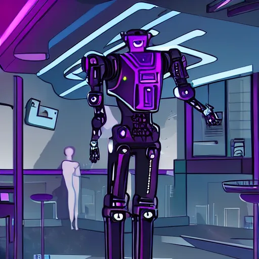 Prompt: A synthetic robot mercenary with human appearance drinking at a bar, night, cyberpunk city, purple neon, bladerunner