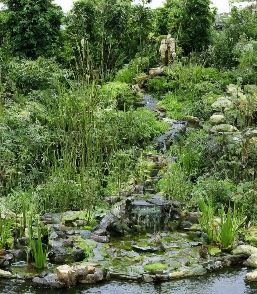 Image similar to a garden, in which there is a flowing water sculpture made of bamboo, garden landscape and symmetrical landscape ， by andre le notre ， trending ，