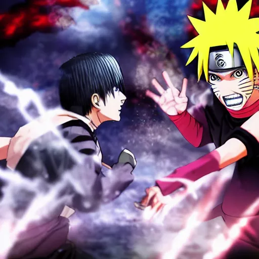Prompt: Naruto fighting Ken Kaneki, anime, highly detailed.