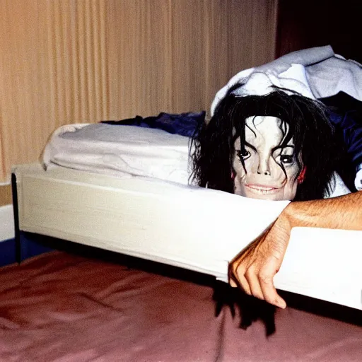 Image similar to michael jackson hidding below a bed
