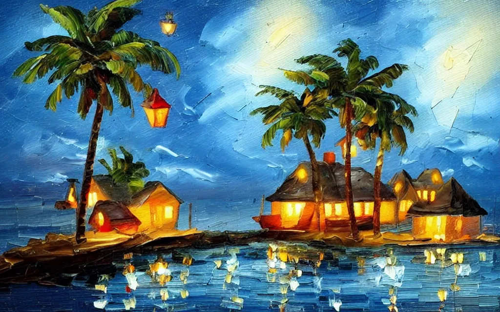 Image similar to a very very small island! cute cozy large cottage!! and lanterns!!!, palm trees, dark very late evening cloudy, dramatic and dynamic lighting, thick brush strokes oil impasto painting