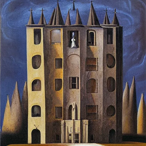 Image similar to an original painting by remedios varo, a building surrounded by angels