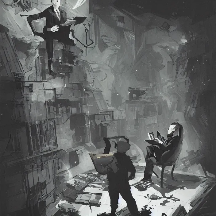 Image similar to a duotone comic noir illustration painting of hp lovecraft reading necronomicon by sachin teng and sergey kolesov and ruan jia and heng z. graffiti art, sci fi, fantasy art, hyper detailed. octane render. trending on artstation