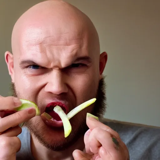 Image similar to angry bald swedish man biting into a raw lime on live camera