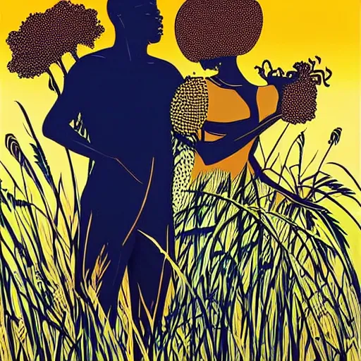 Prompt: A beautiful body art of a man and a woman in a field of tall grass with the sun setting behind them by Kehinde Wiley, by Chris Samnee peaceful, ultradetailed