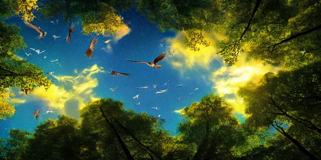 Image similar to golden canopy above a rainforest with birds flying in the sky above, painting, 4 k