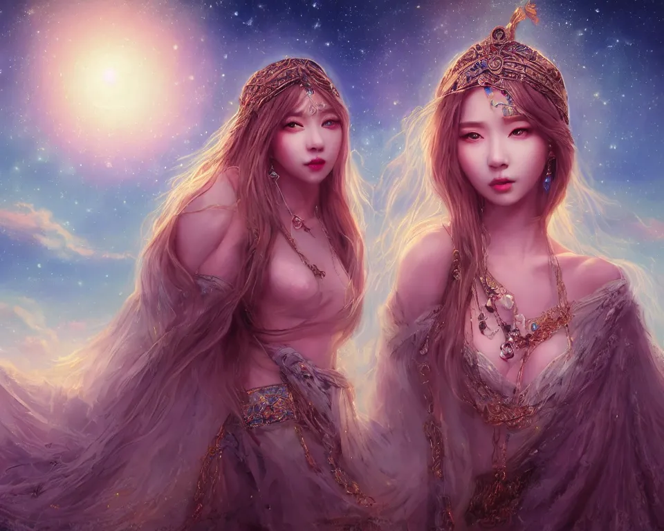 Prompt: masterpiece portrait charming and miracle female luxury astromancer boho accessories in dreamlike movie, kpop, high detailed face, art by artgerm, greg rutkowski, sasoura, satchely, ross tran,, big major starry sky and city in background, uhd, medium long shot, fantasy, twlight, no distorsion, sharp focus,