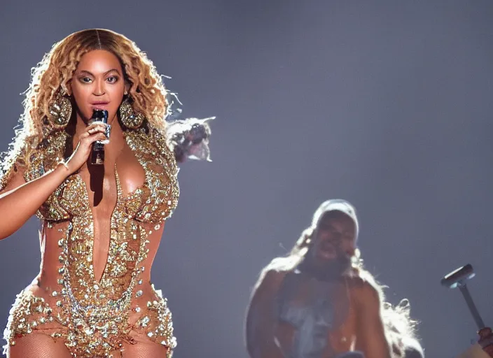 Image similar to beyonce giving a concert, ( eos 5 ds r, iso 1 0 0, f / 8, 1 / 1 2 5, 8 4 mm, postprocessed, crisp face, facial features )
