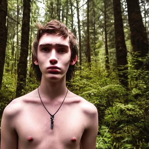 Image similar to a teenage boy, around 1 9 yo. choker necklace. natural brown hair. loincloth, pale skin. detailed face. scar on chest. ominous and eerie looking forest in background. natural colors. hyperrealistic photo.