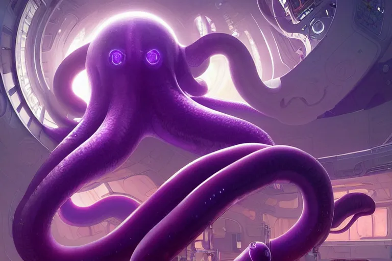 Prompt: Giant purple octopus in a space station, elegant, intricate, retrofuturistic digital painting, artstation, concept art, smooth, sharp focus, illustration, art by artgerm and greg rutkowski and alphonse mucha