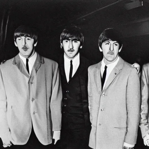 Image similar to the beatles as members of the italian mafia, 1 9 6 0, black and white, grainy