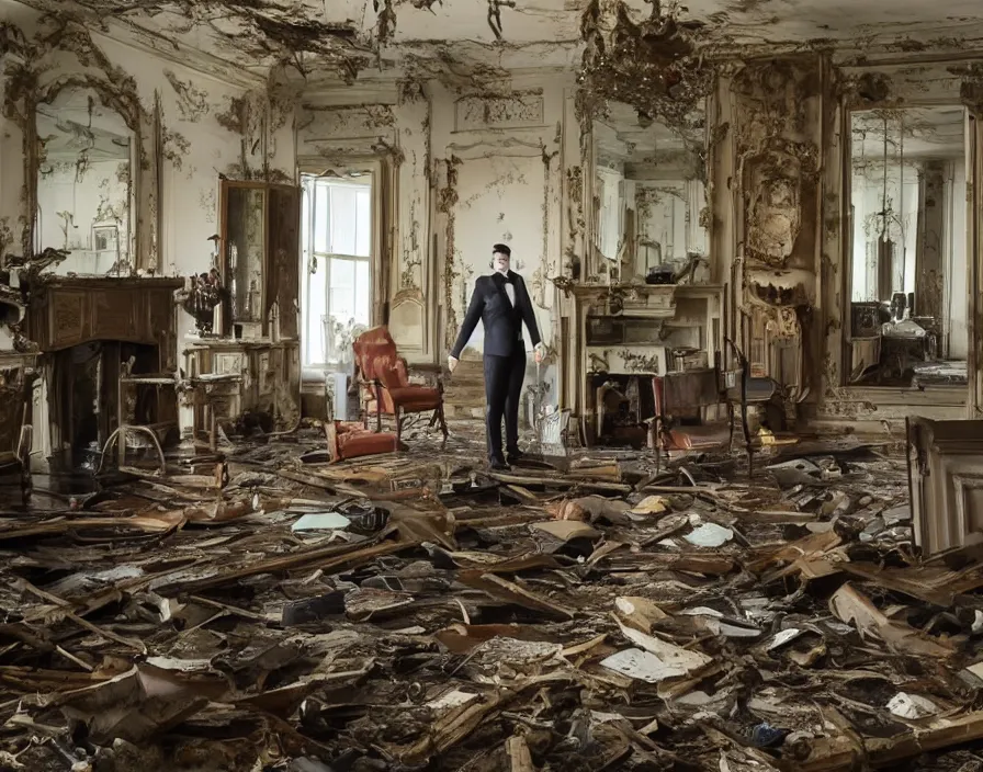 Prompt: a mutant powerlifter in a tuxedo stands in the flooded living room of a derelict English mansion, ornate, water, floating furniture, sunny outside, baroque, fireplace, adebanji alade, george goodwin kilburne