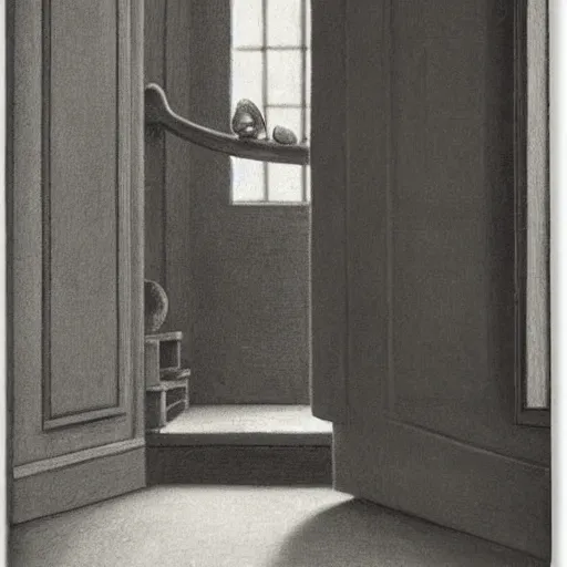 Image similar to snails on the stairs and door in style of vilhelm hammershoi, botanical illustration