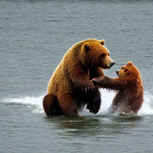 Prompt: kodiak bears kung - fu fighting on a lakefront using salmon as weapons, in the style of the flintstones, hanna - barbera.