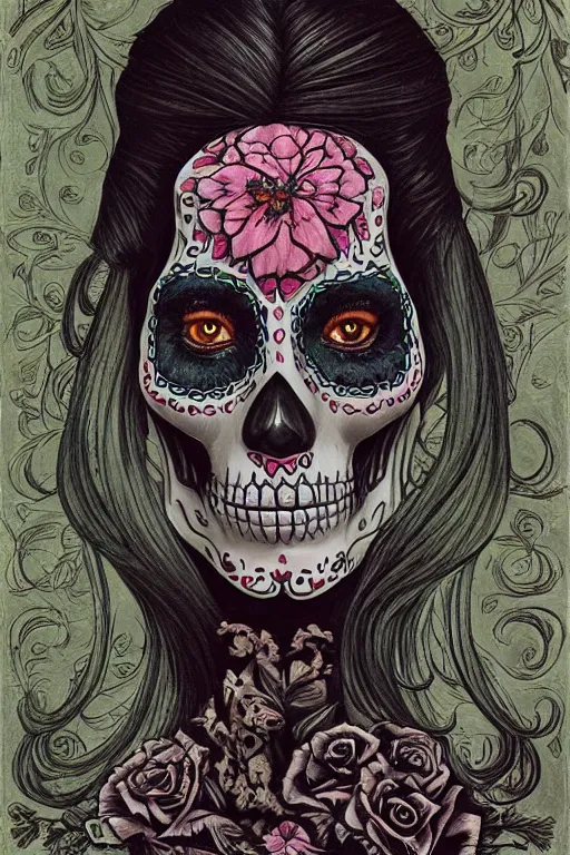 Prompt: Illustration of a sugar skull day of the dead girl, art by Gerald Brom