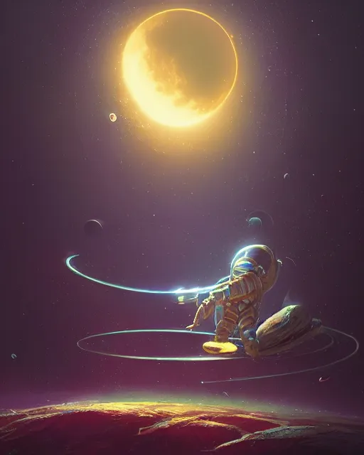 Image similar to alone of ethereal intricate cosmonaut lie relaxed on a crescent moon between the stars and the planets in outer space, cosmonaut post grunge concept art,high detail,4k, trending on artstation by Guillaume Menuel, josan gonzalez and tyler edlin