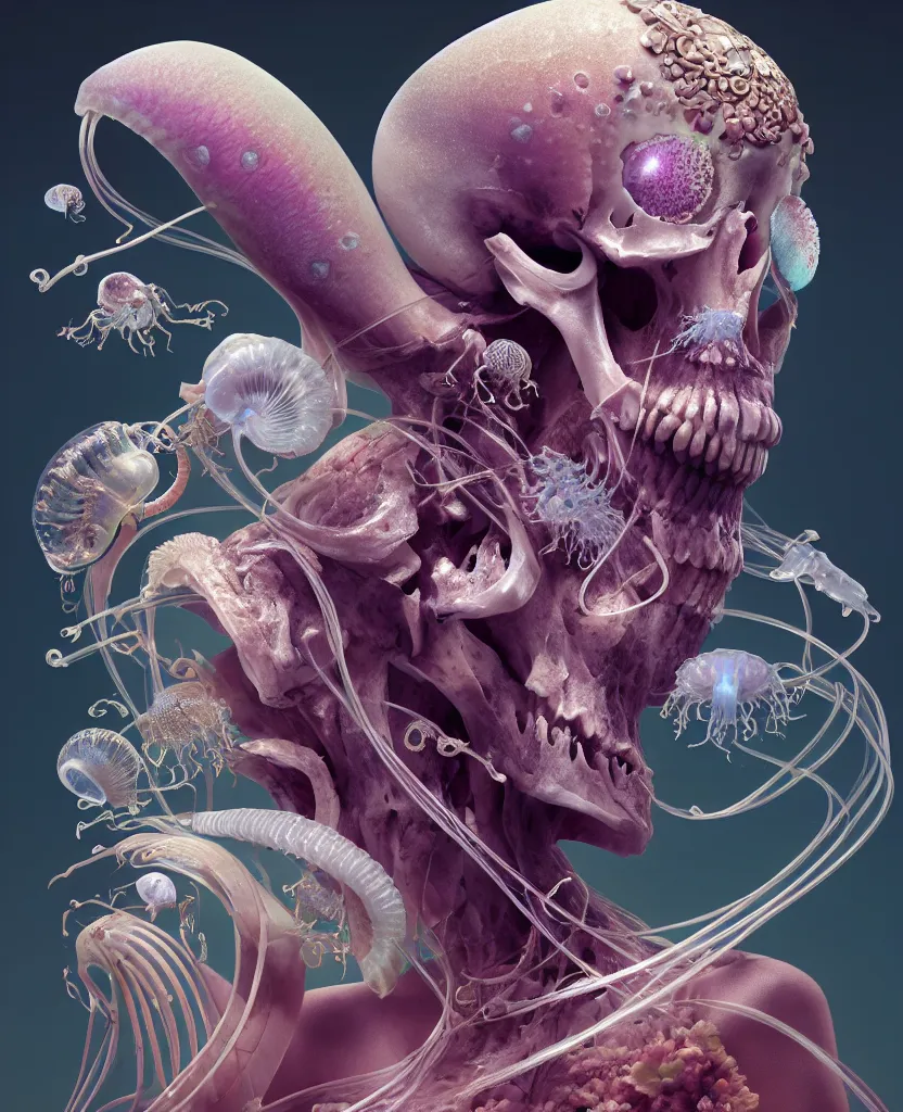 Image similar to goddess close-up portrait ram skull, thorax, x-ray, backbone, jellyfish phoenix head, nautilus, orchid, skull, betta fish, bioluminiscent creatures, intricate artwork by Tooth Wu and wlop and beeple. octane render, trending on artstation, greg rutkowski very coherent symmetrical artwork. cinematic, hyper realism, high detail, octane render, 8k