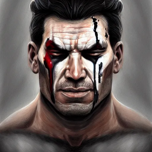 Image similar to portrait of sad frank castle the punisher, bruised, face paint, intricate, elegant, highly detailed, centered, grungy, digital painting, artstation, concept art, smooth, sharp focus, illustration, artgerm, artstation, boris vallejo