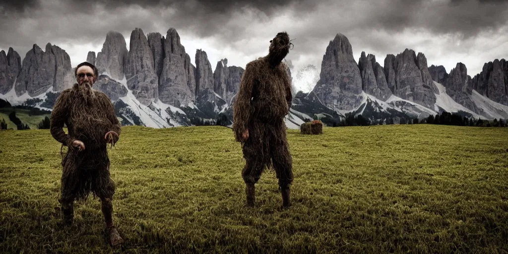 Image similar to alpine farmer turning into hay and root monster, old pastures, dolomites in background, dark, eerie, despair, portrait photography, artstation, highly detailed, sharp focus, by cronneberg