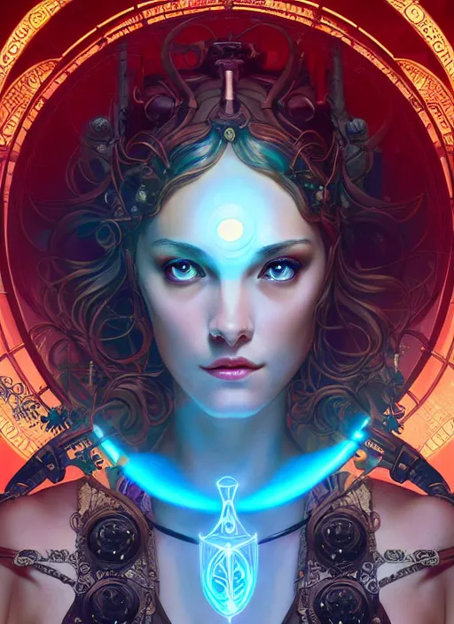 Prompt: the goddess artemis smirking, steampunk, glowing eyes, volumetric lights, red and cyan theme, art nouveau botanicals, intricate, highly detailed, digital painting, artstation, concept art, smooth, sharp focus, cinematic, illustration, beautiful face, art by artgerm and greg rutkowski and alphonse mucha