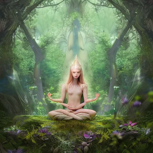 Prompt: elven princess meditating in forest, magical flowers, surrounded by fairies, beautiful face, wisps, surreal, surrealist art, photo, trending on artstation, ultra detailed, intricate, sacred geometry, serene, beautiful, photo, realistic, perfect, smooth, light shafts, light diffusion, chromatic aberration, moebius, by moebius, peter mohrbacher, eye contact, symmetry, magical princess