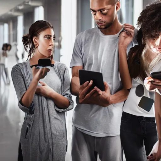 Image similar to futuristic dystopian group of people starring into their phone