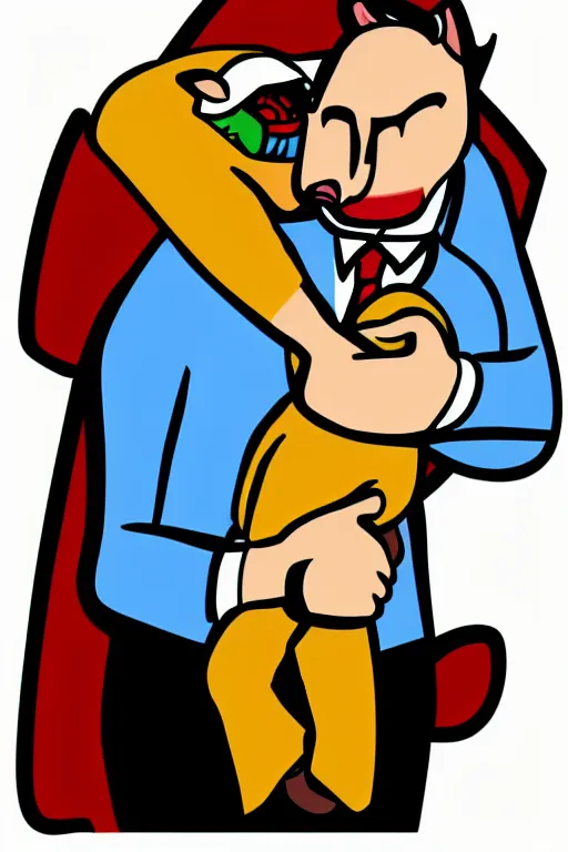 Image similar to the big bad wolf wearing a suit hugging his son, colorful, sticker, vector art, clean,