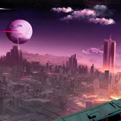 Image similar to far away city in the style of cyberpunk ontop of a mountain, space sky, anime illustration,