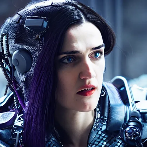 Prompt: Katie McGrath as Cyberpunk Morgana