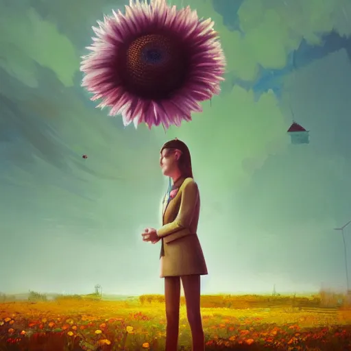 Image similar to giant daisy flower head, standing, a girl in a suit, surreal photography, sunrise, dramatic light, impressionist painting, digital painting, artstation, simon stalenhag