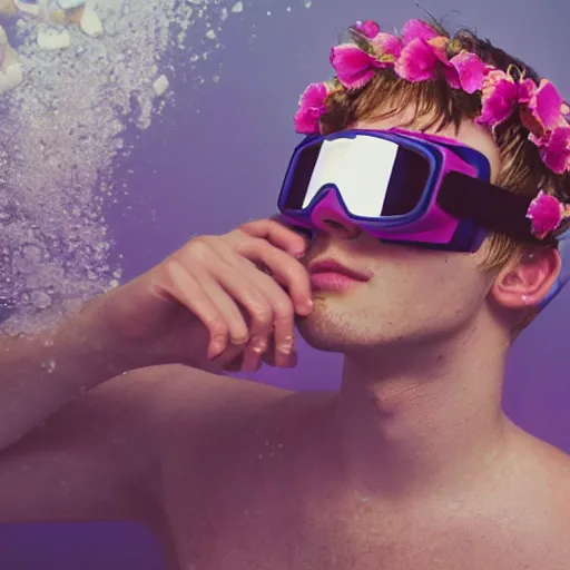 Image similar to close up kodak portra 4 0 0 face portrait photograph of a skinny guy with blonde hair submerged in a tub of milk, aerial view, wearing cyber goggles, flower crown, moody lighting, telephoto, 9 0 s vibe, blurry background, vaporwave colors, dream aesthetic, dreamy aesthetic, faded!,