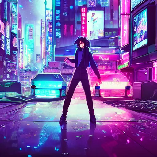 Image similar to city pop idol dancing in the apocalypse cyberpunk, accurate features, focus, very intricate ultrafine details, masterpiece, 8 k hd, realistic shaded lighting, detailed render, detailed backgrounds, epic composition, soft neon lights, rain