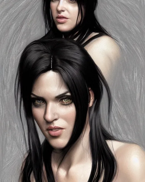 Image similar to portrait of a tall 4 0 - year - old woman with thin lips, heavy - lidded eyes, a strong jaw and long, thick shining black hair, thick eyebrows and long eyelashes, wearing in black clothes, hyper realistic face, beautiful eyes, character art, art by mark brooks, hyperdetailed, cryengine, trending on artstation, digital art