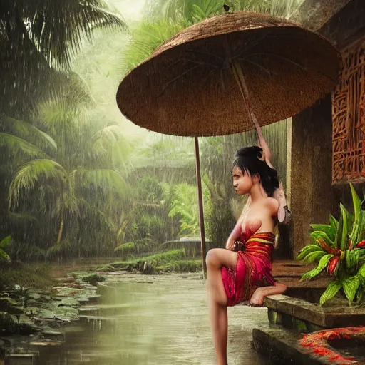 Prompt: monsoon on tropical island, oriental woman, ornate, beautiful, atmosphere, vibe, mist, coconuts, rain, wet, pristine, puddles, melting, dripping, snow, creek, lush, ice, bridge, forest, roses, flowers, by stanley artgerm lau, greg rutkowski, francis bacon